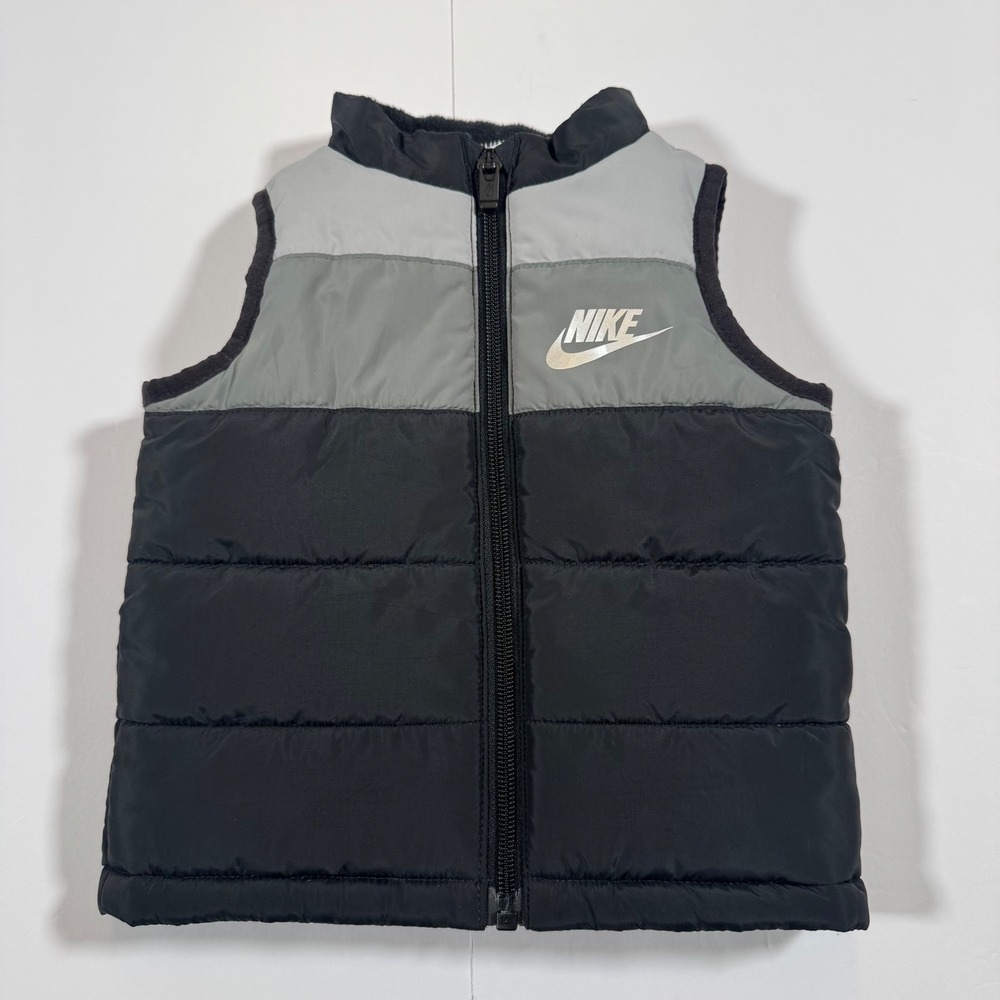 Nike Kids Puffer Vest Black Grey Colorblock Full Zip Fleece Lined 12M L642-023